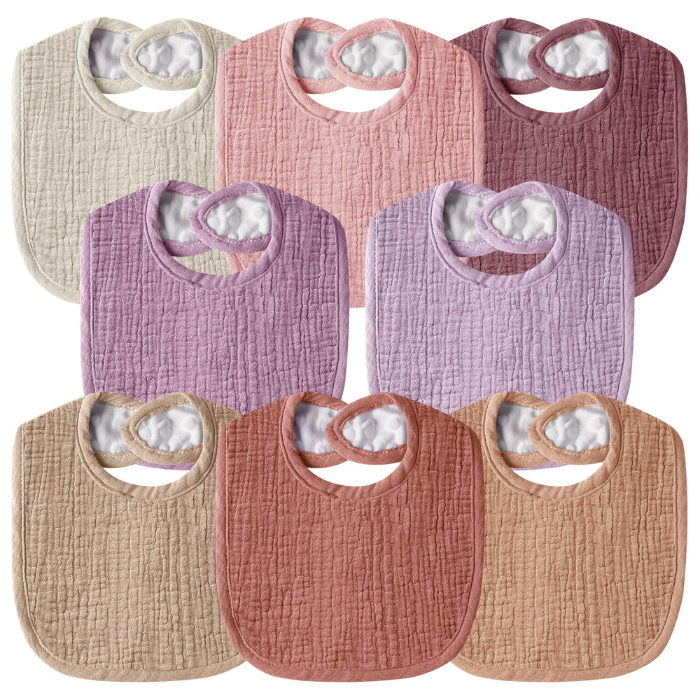 Wrrernsin muslin bib shows absorbent front for drool during teething