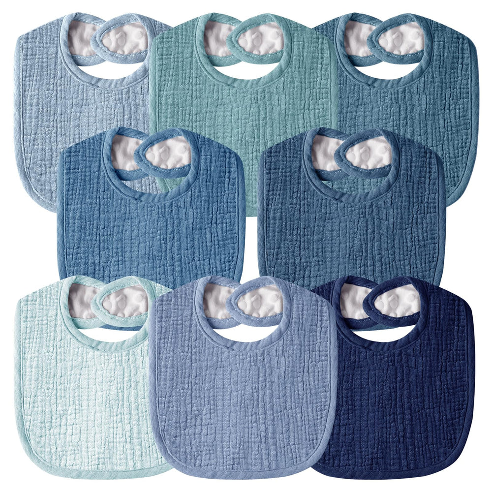 Wrrernsin muslin baby bib front view shows quick absorption with a waterproof back