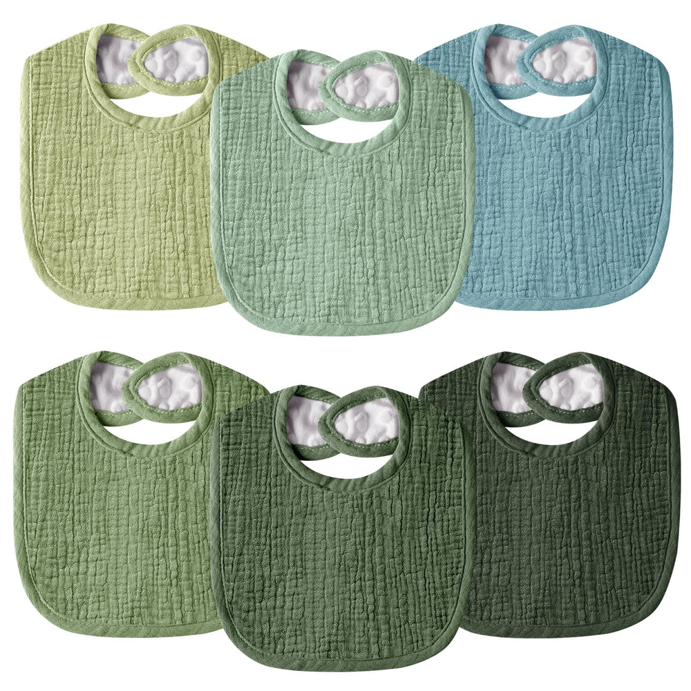 Wrrernsin Muslin Baby Bib front view demonstrates gentle absorption for drool and spills.