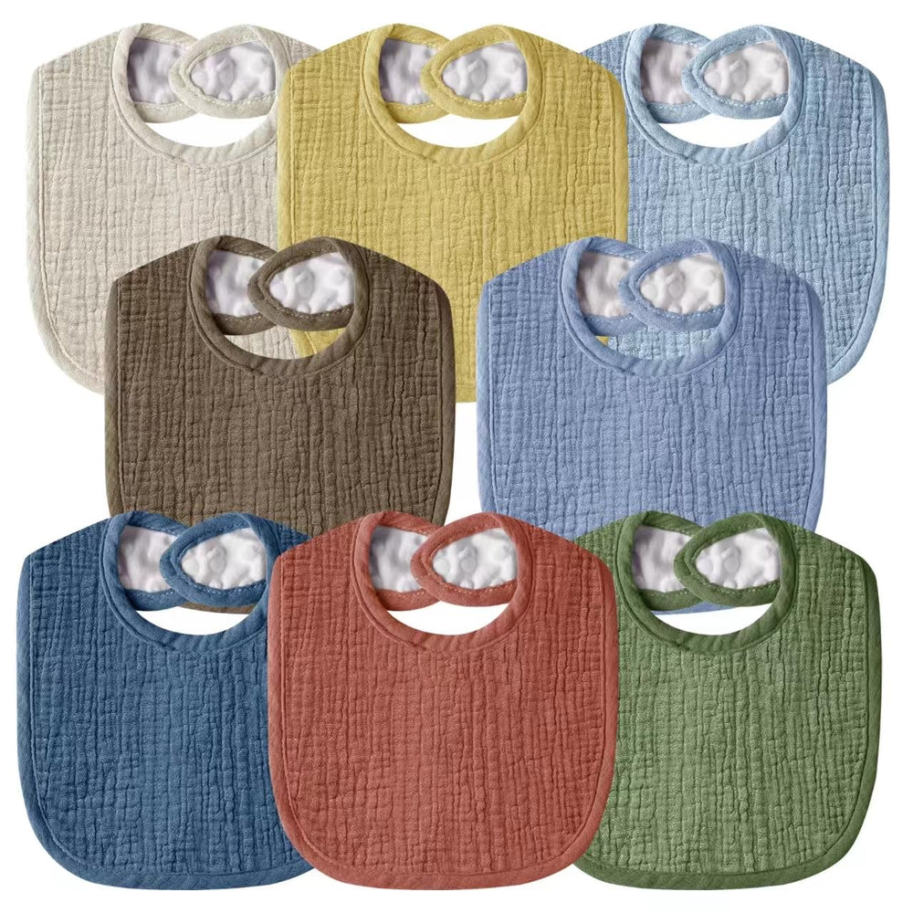 Wrrernsin Muslin Baby Bibs front view showing soft organic cotton and plush backing for gentle protection.