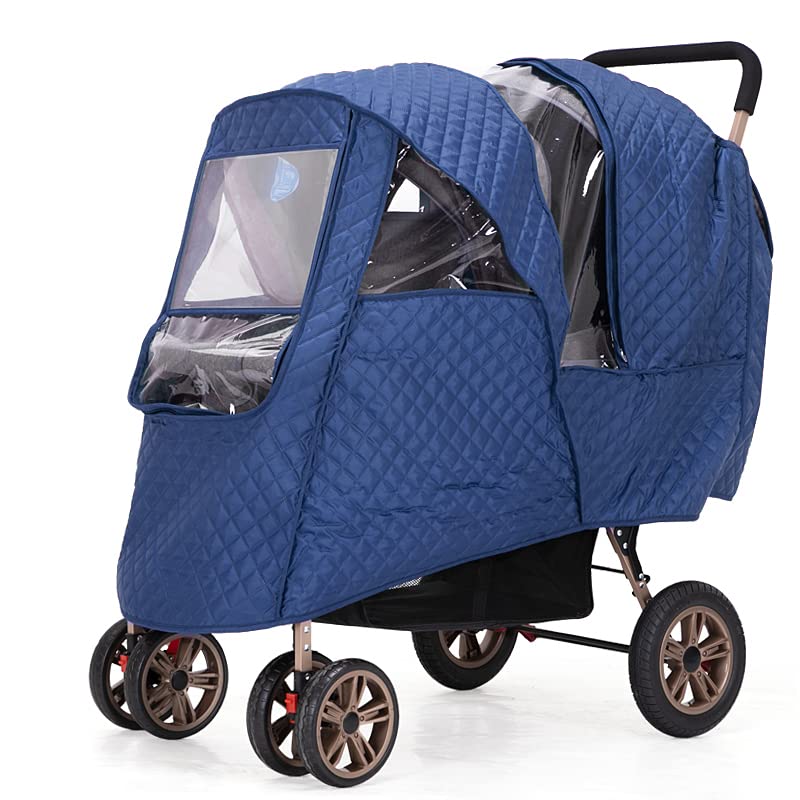 WYI double-stroller-winter-cover front view protects baby from rain and wind.