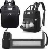 X W EI UNION diaper backpack folding-changing-station in use for on-the-go diaper changes