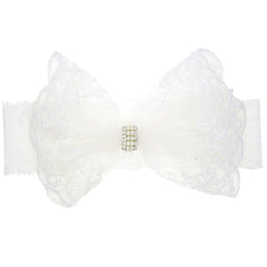 Xansema lace headband closeup with elastic fit for newborn comfort.