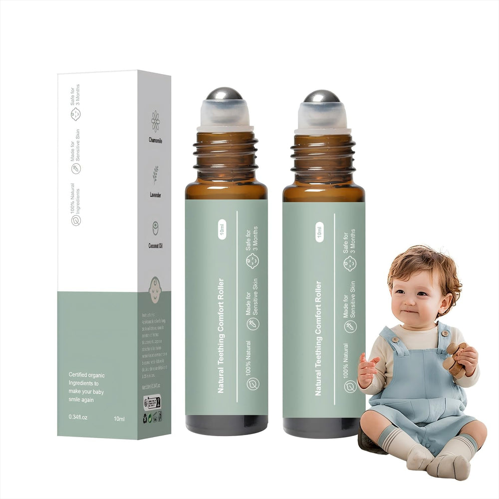 XBEGIX teething roller packaging shows natural, easy-on-the-go soothing for babies