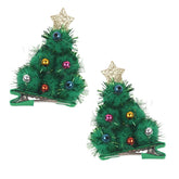 Xepeelo green Christmas tree hair clip shown in hair for festive winter styling and party-ready looks.