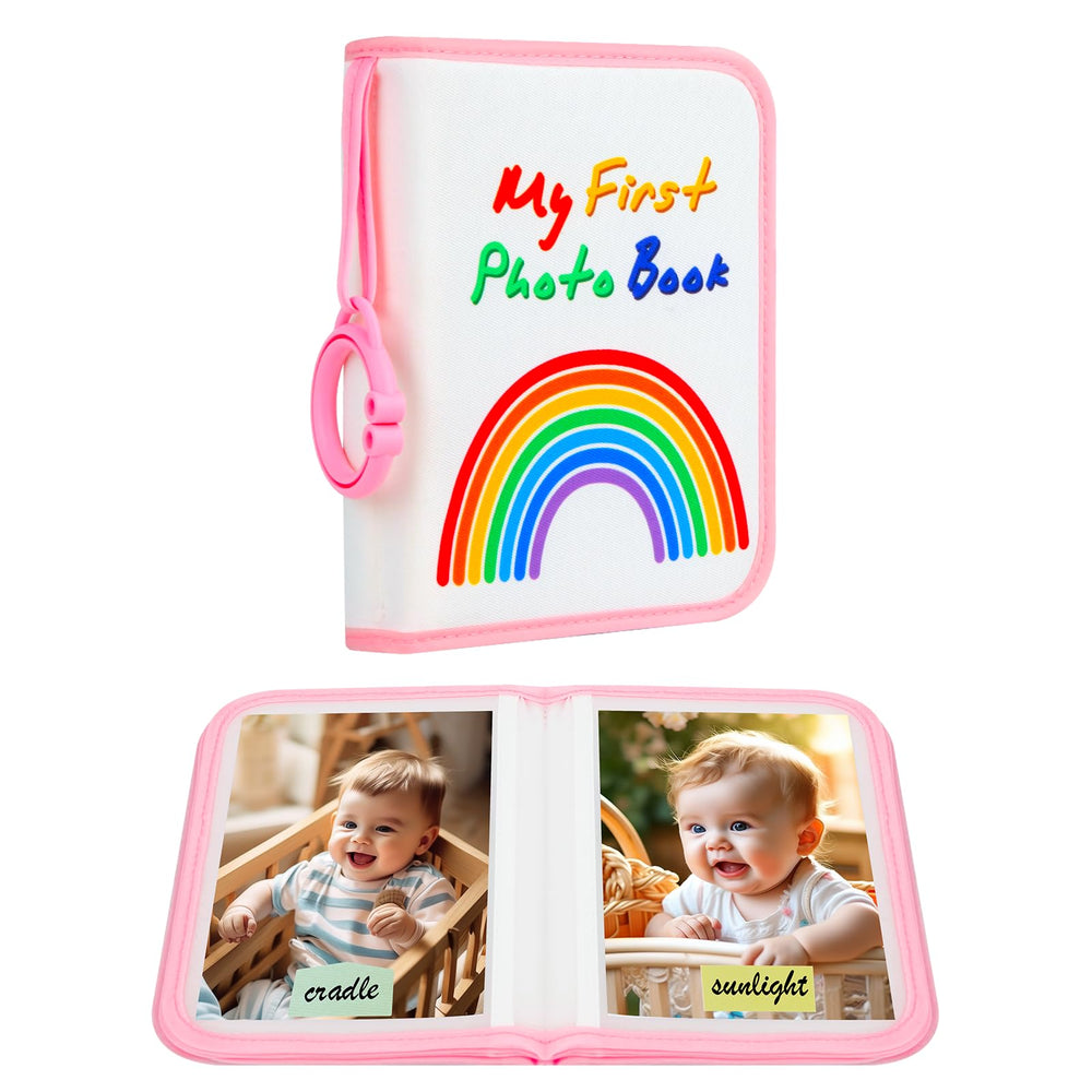 Xfveiwoo baby photo album pink cover—soft fabric for tiny hands and easy grip.