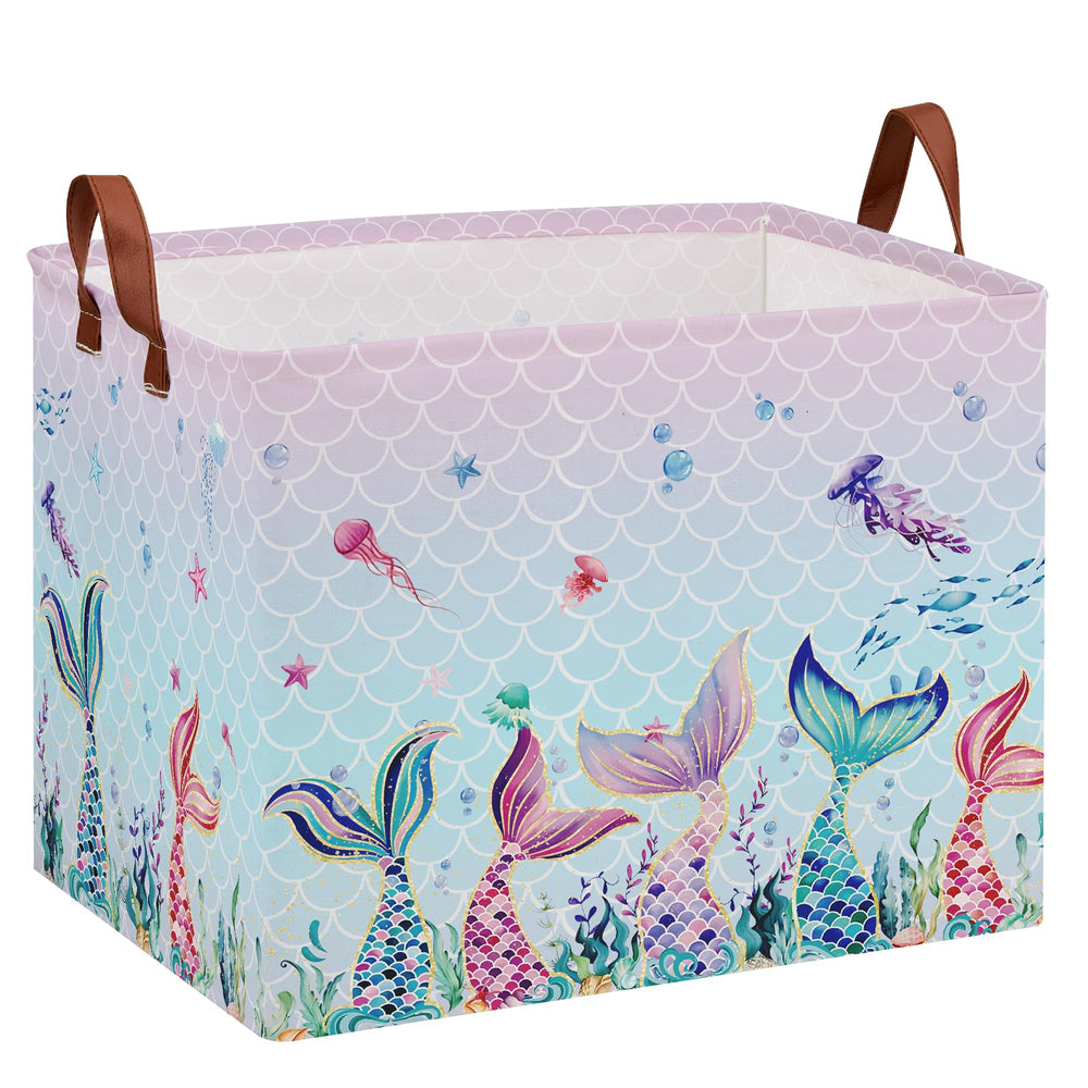XHWZOF Mermaid laundry basket pink front view shows sturdy organization for kids