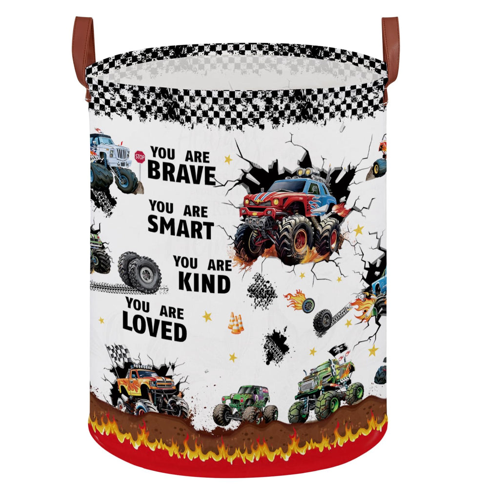 XHWZOF Monster Trucks Laundry Hamper front view keeps kids' toys organized.