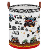 XHWZOF Monster Trucks Laundry Hamper front view keeps kids' toys organized.