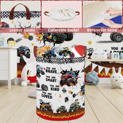 XHWZOF Monster Trucks bin in nursery for towels, books, and plush toys.