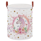 XHWZOF Unicorn Hamper pink close-up shows whimsical unicorn motifs for kid-friendly organization