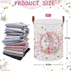 XHWZOF Unicorn Hamper pink front view demonstrates spacious 45L capacity for toys and outfits