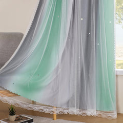 XiDi Rainbow Blackout Curtains printed blackout fabric features hollow star patterns twinkling in light.