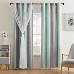 XiDi Rainbow Blackout Curtains with star cutouts on window create a dreamy private space.