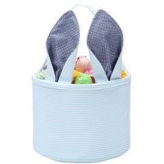 XinblueCo Easter Bunny Basket seersucker top view showing cheerful design and portability