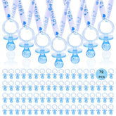 XINHUIDALSQ 72-pack pacifier necklaces arranged as party favors for baby showers.
