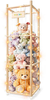 XiYeM stuffed animal storage wood tower front view shows spacious plush organization.