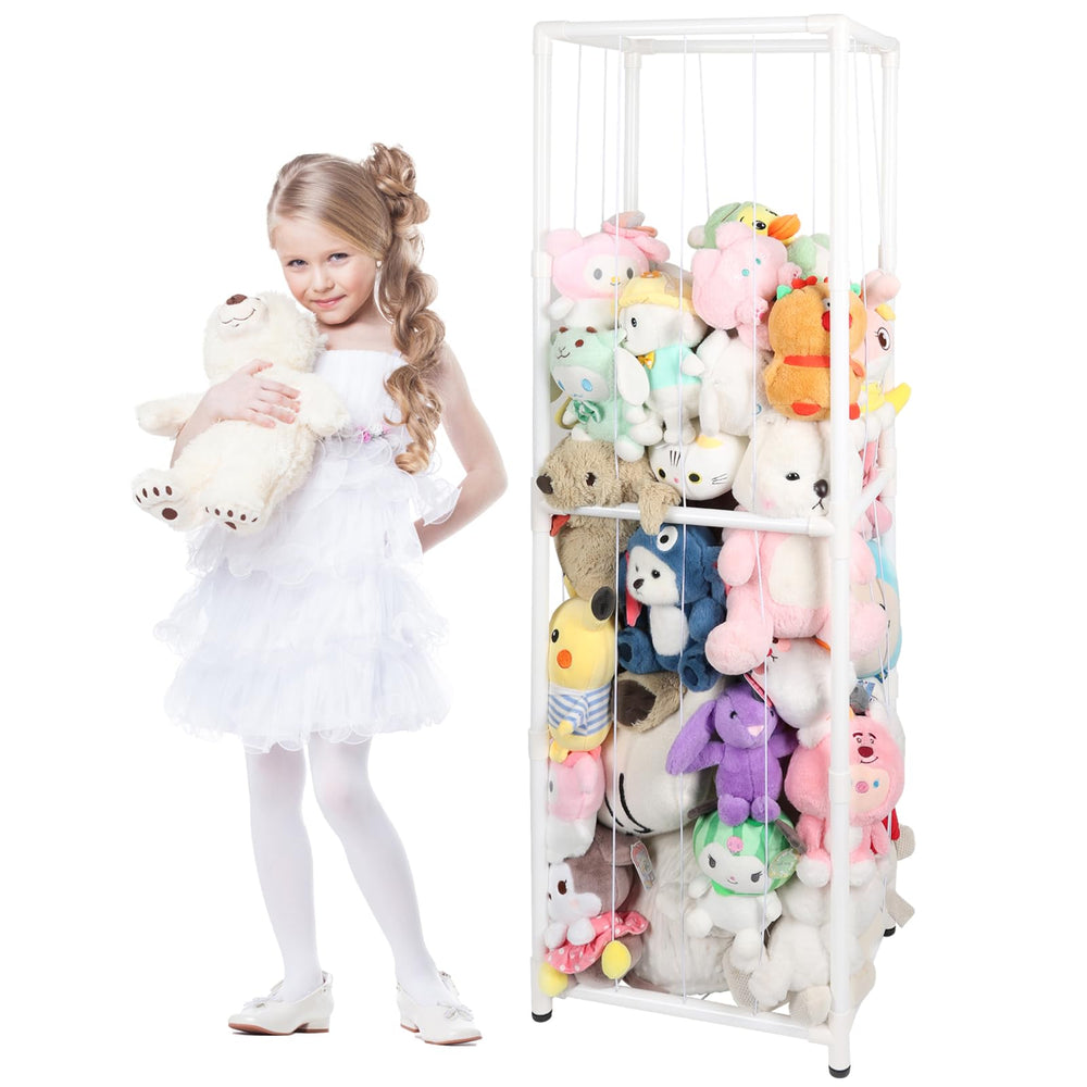 XMBecc stuffed animal storage tower in white shows organized toys and easy access