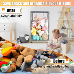 XMBecc stuffed animal storage zoo tower assembled setup shows easy setup and tidy playroom