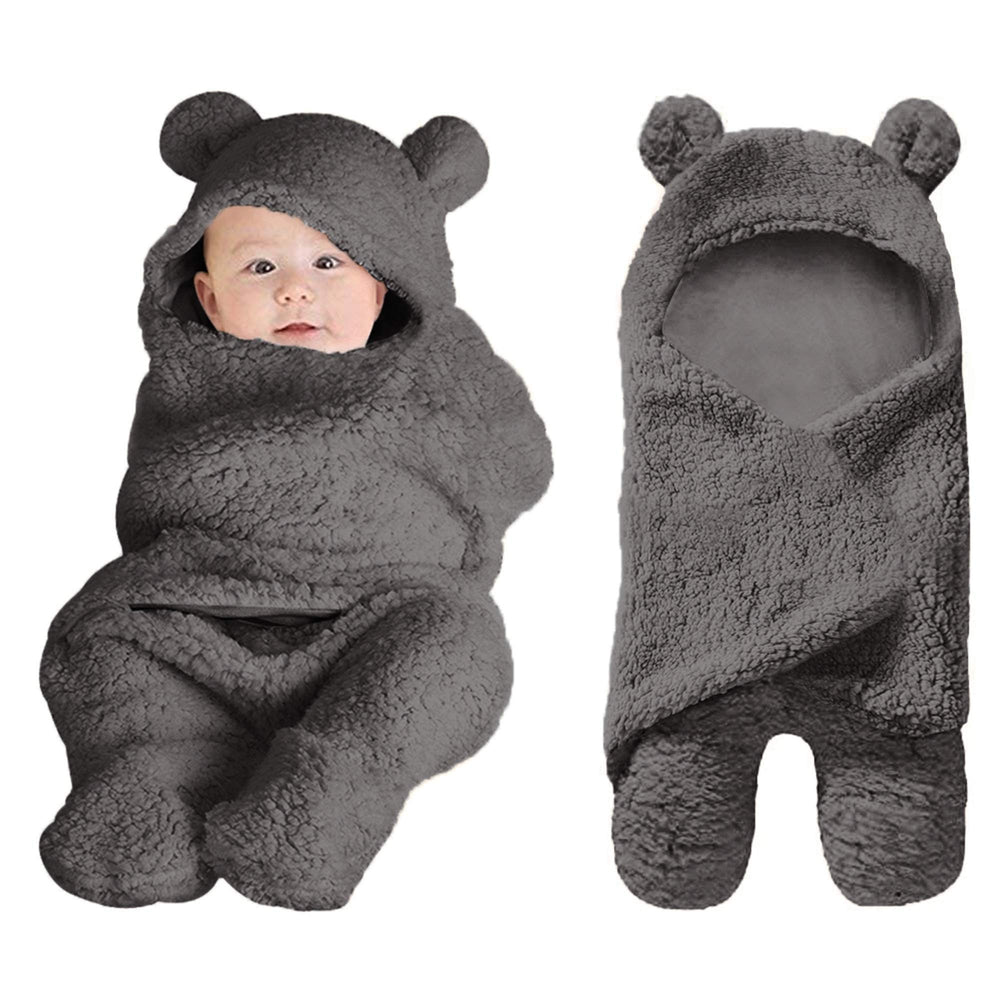 XMWEALTHY newborn plush swaddle blanket with bear hoodie provides cozy warmth and snug security.