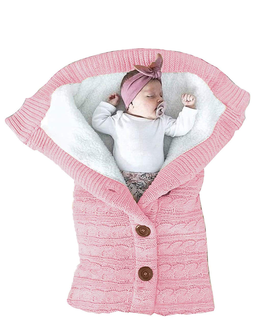XMWEALTHY infant swaddle light pink close-up shows soft fleece for cozy warmth