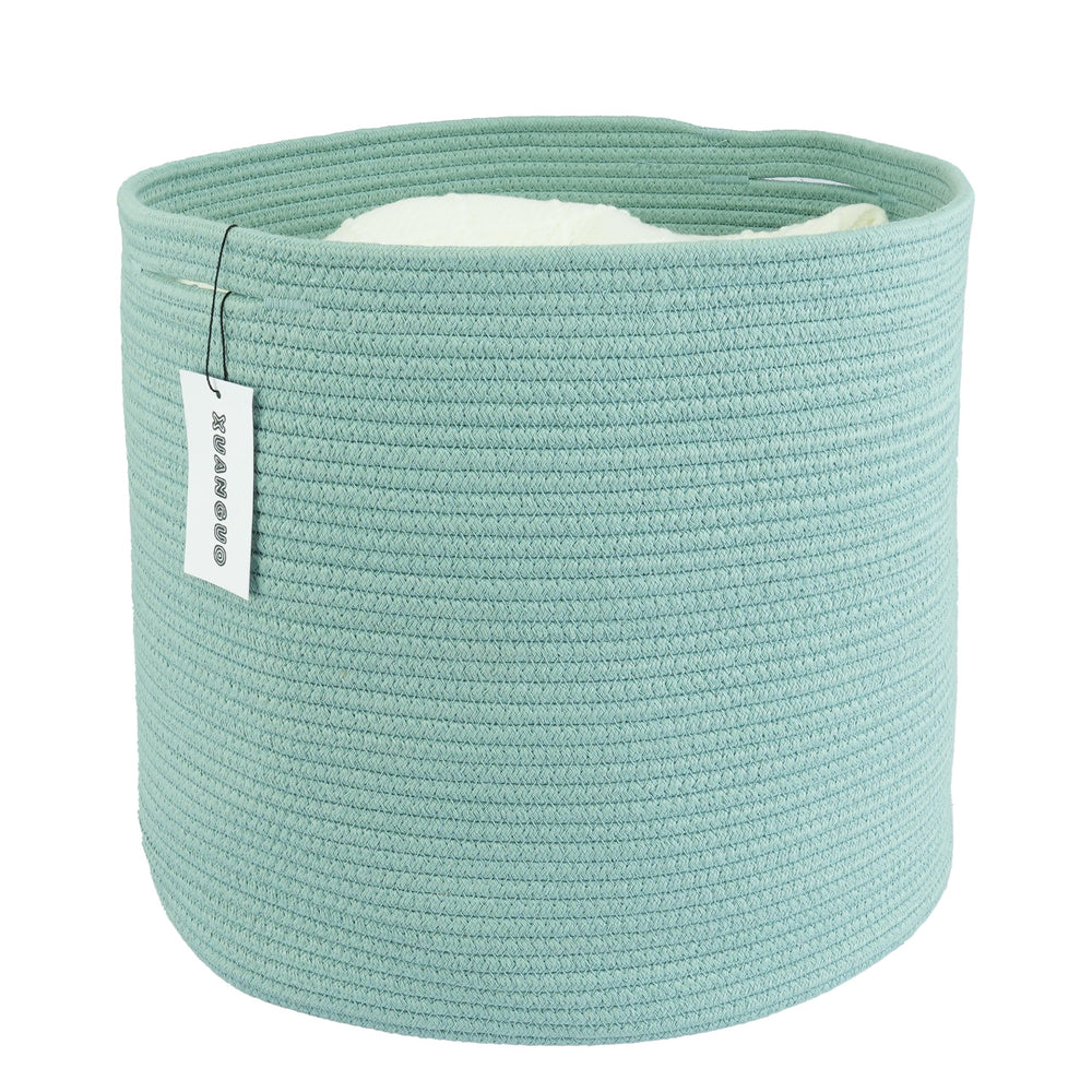 XUANGUO cotton rope basket green 16x14 front view for organized nursery storage