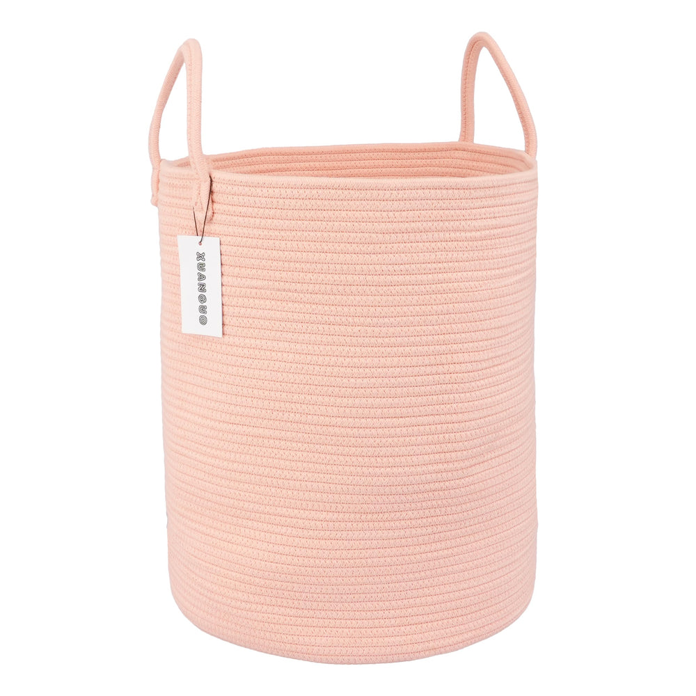 XUANGUO cotton rope laundry basket coral pink front view with spacious storage