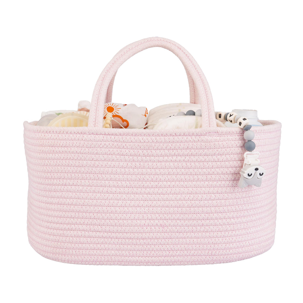 XUANGUO large diaper caddy pink side view keeps diapers and wipes within arm's reach.