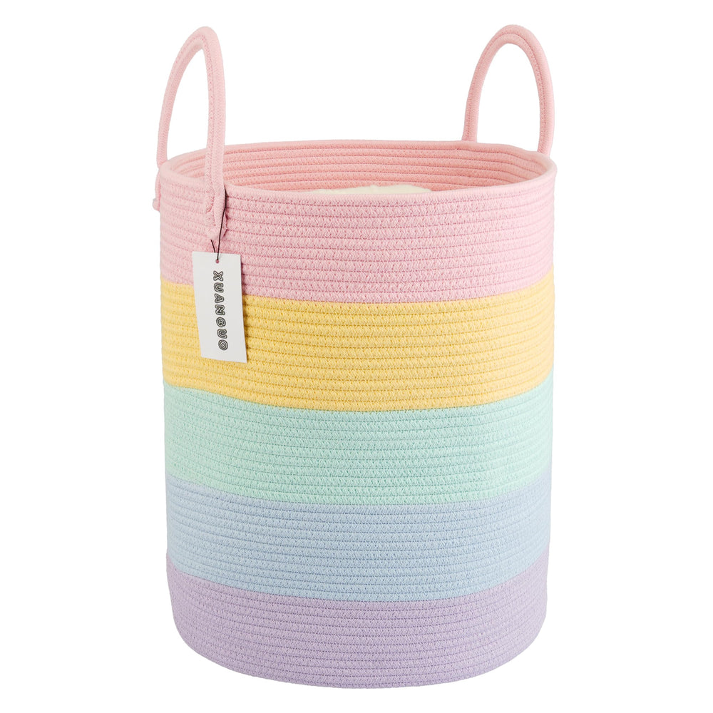 XUANGUO rope laundry basket pink folded for compact storage and soft touch.