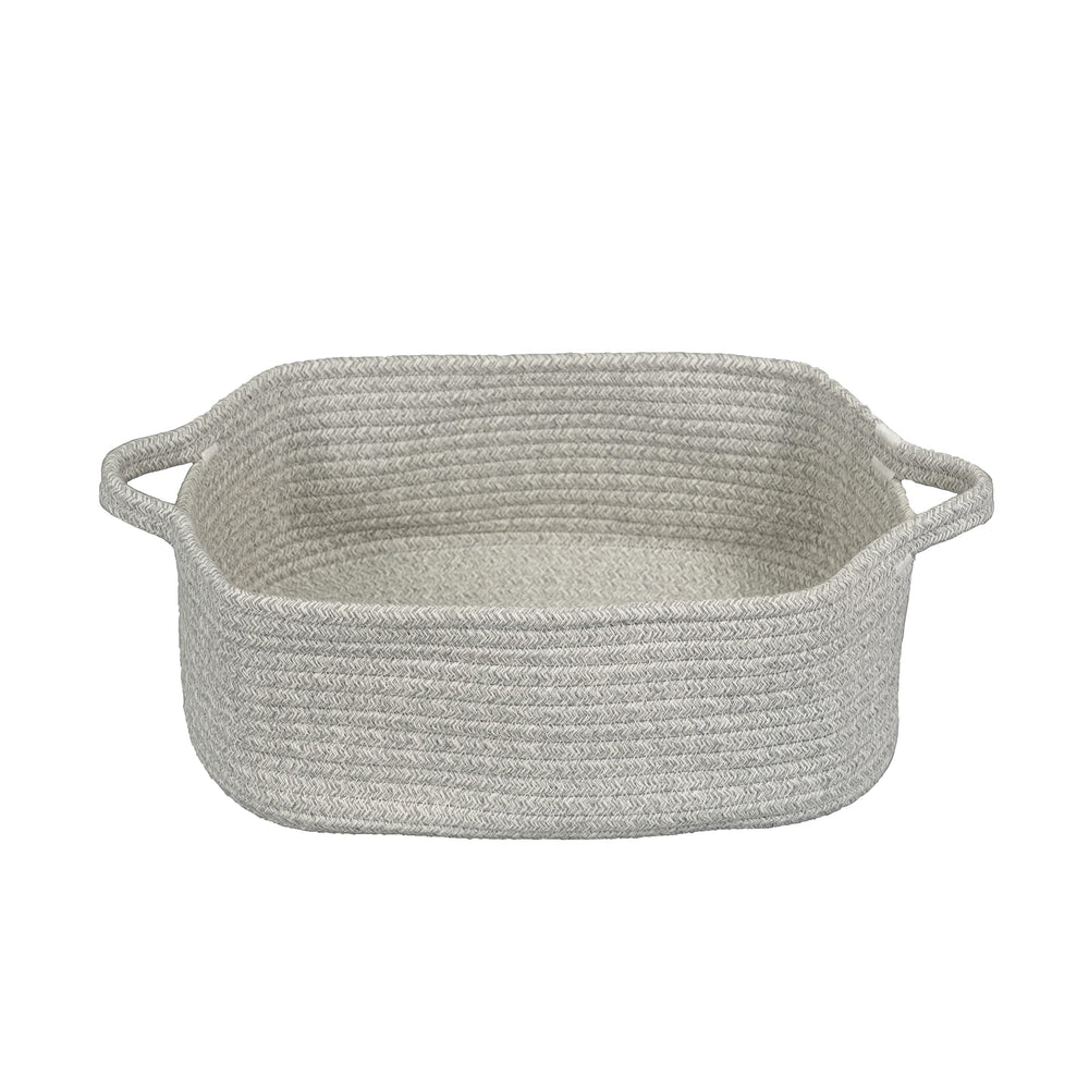 XUANGUO woven cotton rope basket with handles keeps toys neatly organized on shelves.