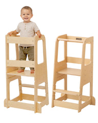 XUBBY LULLZA toddler tower shown with 3-level adjustable design at the counter.