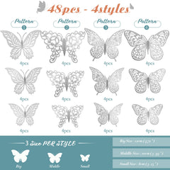 XUNXMAS 3D silver butterfly wall stickers with folding wings for depth.