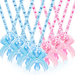 XunYee baby shower necklace with footprint label and diamond bow in blue-pink, stylish party accessory