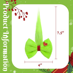 YanJie Christmas hair bow close-up shows fuzzy green fabric for cozy styling.