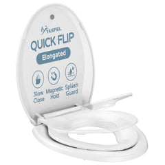 YASFEL 2-in-1 elongated toilet seat shows adult and child compatibility for family use.