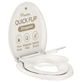 YASFEL biscuit elongated slow-close toilet seat shown at 18.5 inches for quiet use.