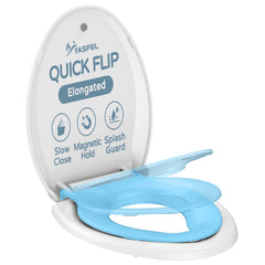 YASFEL toddler toilet seat blue-white closeup showing soft-close feature for quiet bathroom use.