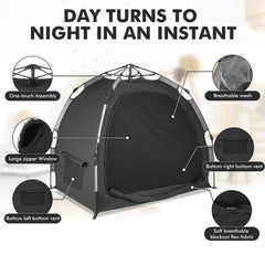 YAVIL Pack N Play in-use creates a dark private space for sleep.