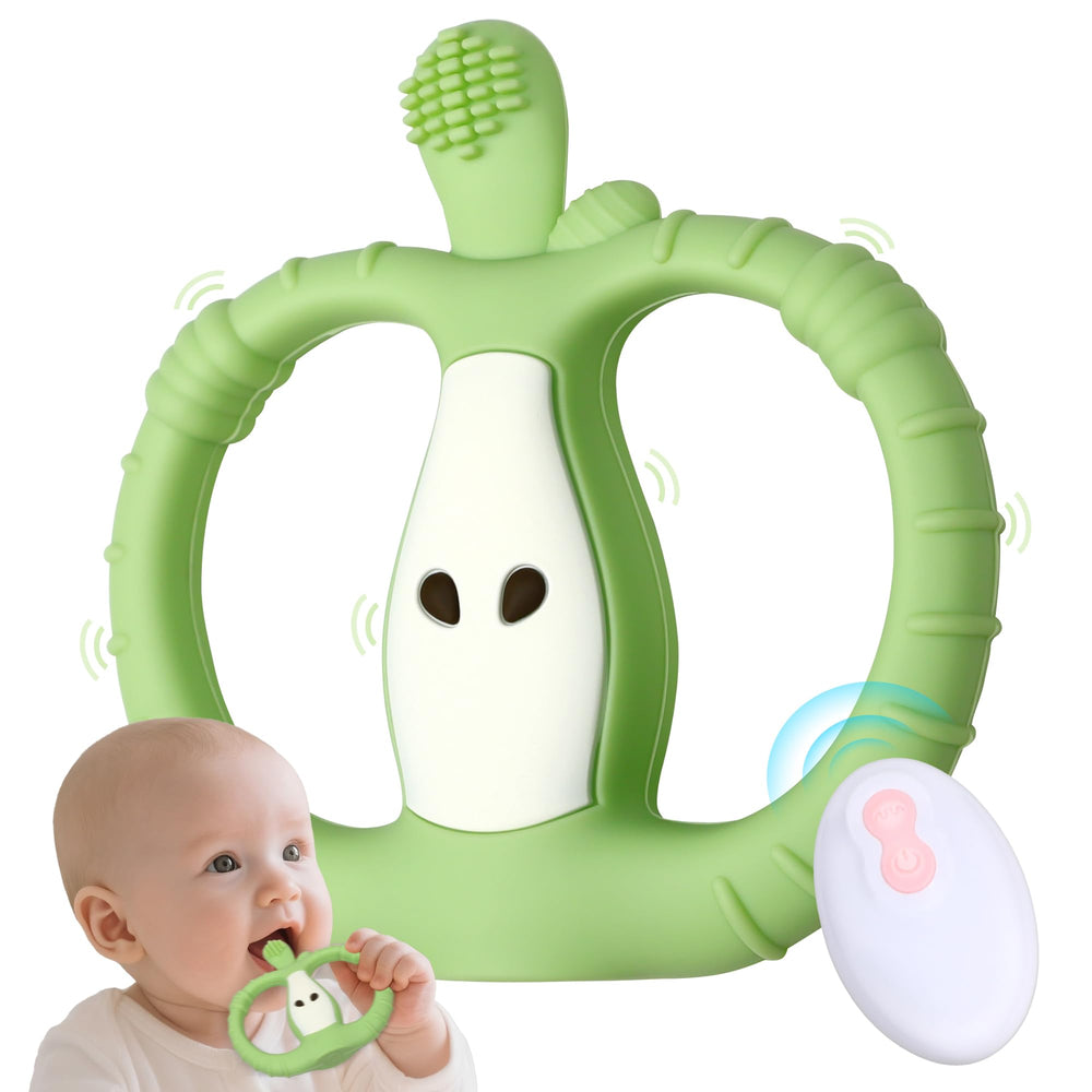 Yayajiao vibrating-teether remote-control image shows soothing teething with adjustable vibration for comfort.