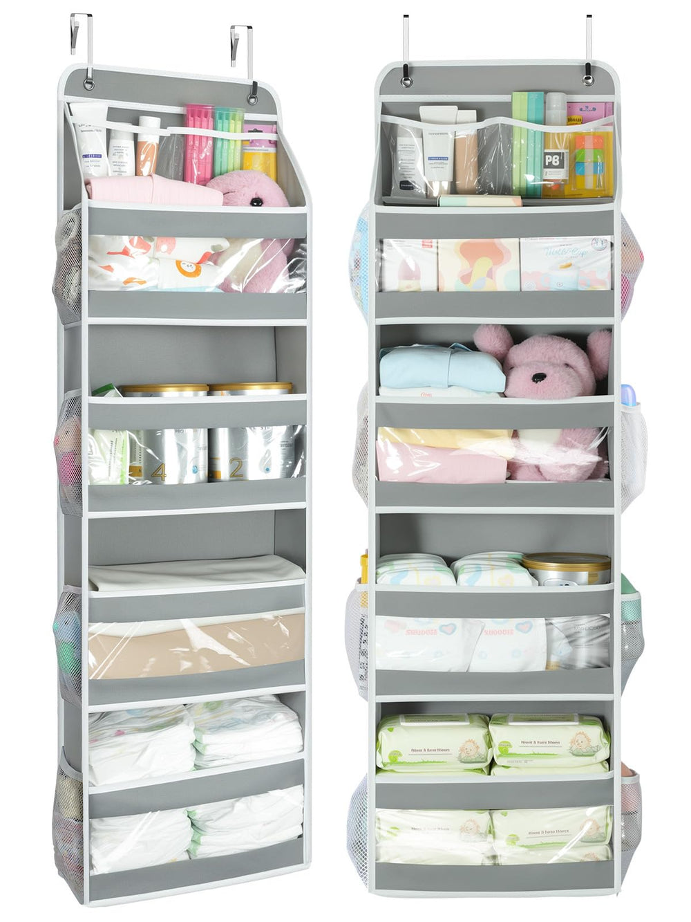 Yecaye 5-tier door organizer front view showing roomy compartments for clothes and toys.