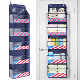 Yecaye 6-tier door organizer front view in navy showing spacious compartments for outerwear