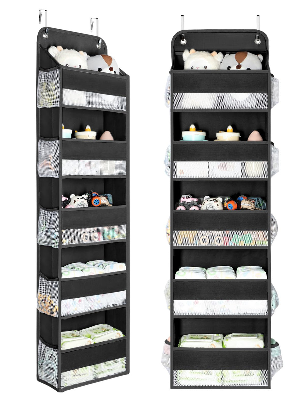 Yecaye over door organizer with five bins organizes nursery essentials at a glance.