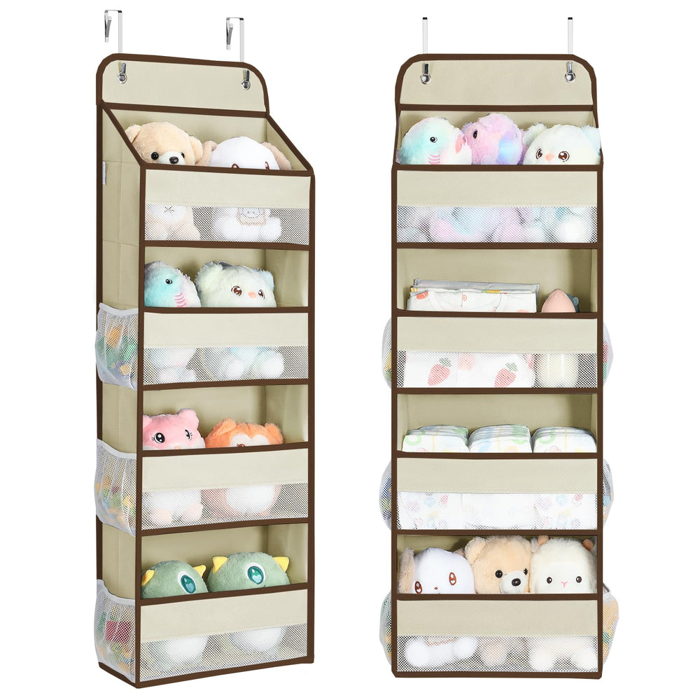 Yecaye over-the-door organizer beige front view with clear mesh pockets for toy storage.