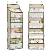 Yecaye over-the-door organizer beige front view with clear mesh pockets for toy storage.