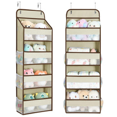 Yecaye over-the-door organizer beige front view with clear mesh pockets for toy storage.