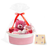 Yeeeasy small woven basket with gift bags and ribbons for gifting.