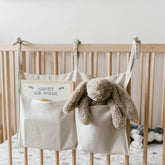 YeeMan Linen Baby Bedside Bag front view shows two-pocket design for quick reach