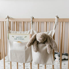 YeeMan Linen Baby Bedside Bag front view shows two-pocket design for quick reach