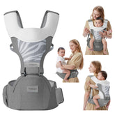 YEMKEZO baby carrier hip seat grey front view supports growing child safely
