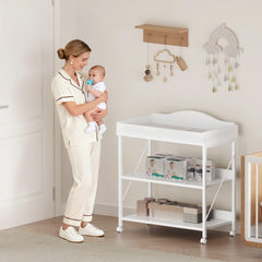 YeTom baby changing table lower storage highlights easy access to diapers and wipes while you work.